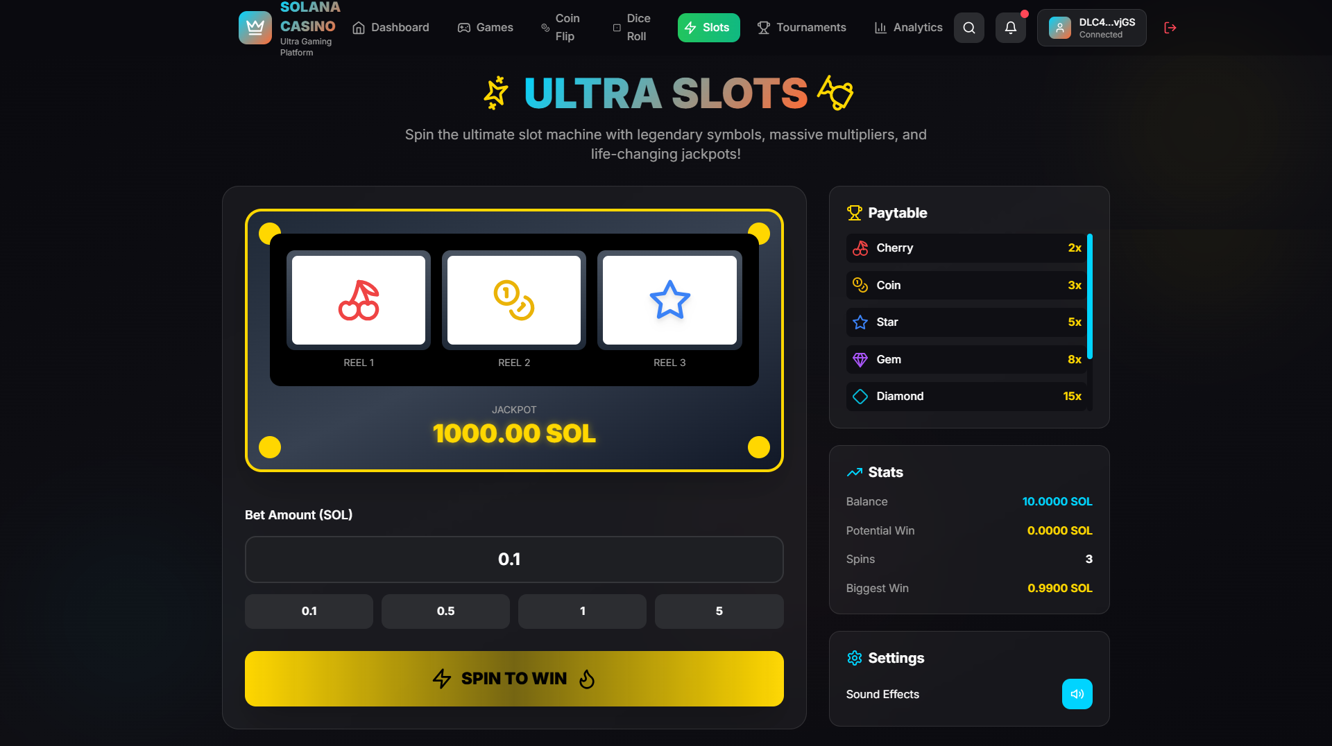 Exclusive blockchain-based game at a Solana casino showing SOL tokens and multipliers