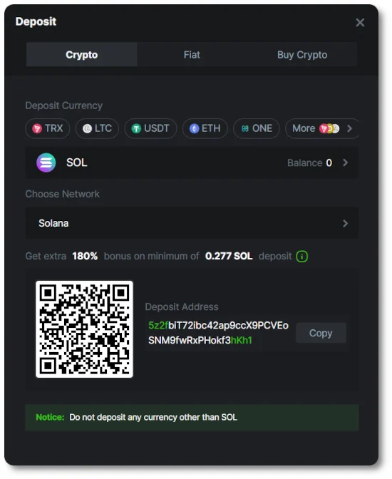 Step-by-step guide showing how to deposit Solana to a crypto casino